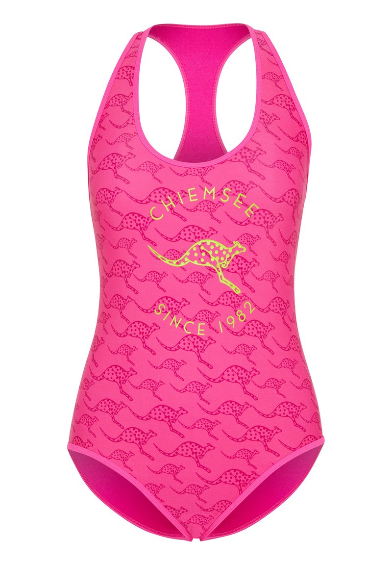 Rosa Einteiler-Badeanzug mit Racerback-Design, versehen mit einem wiederholten Känguru-Muster in dunklerem Rosa und gelbem Text "CHEMSEE SINCE 1982."