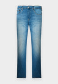 Blaue Denim-Jeans mit leichter Waschung, geradem Beinschnitt, fünf Taschen und sichtbaren Nähten. Enthält ein markiertes Label am hinteren Bund.