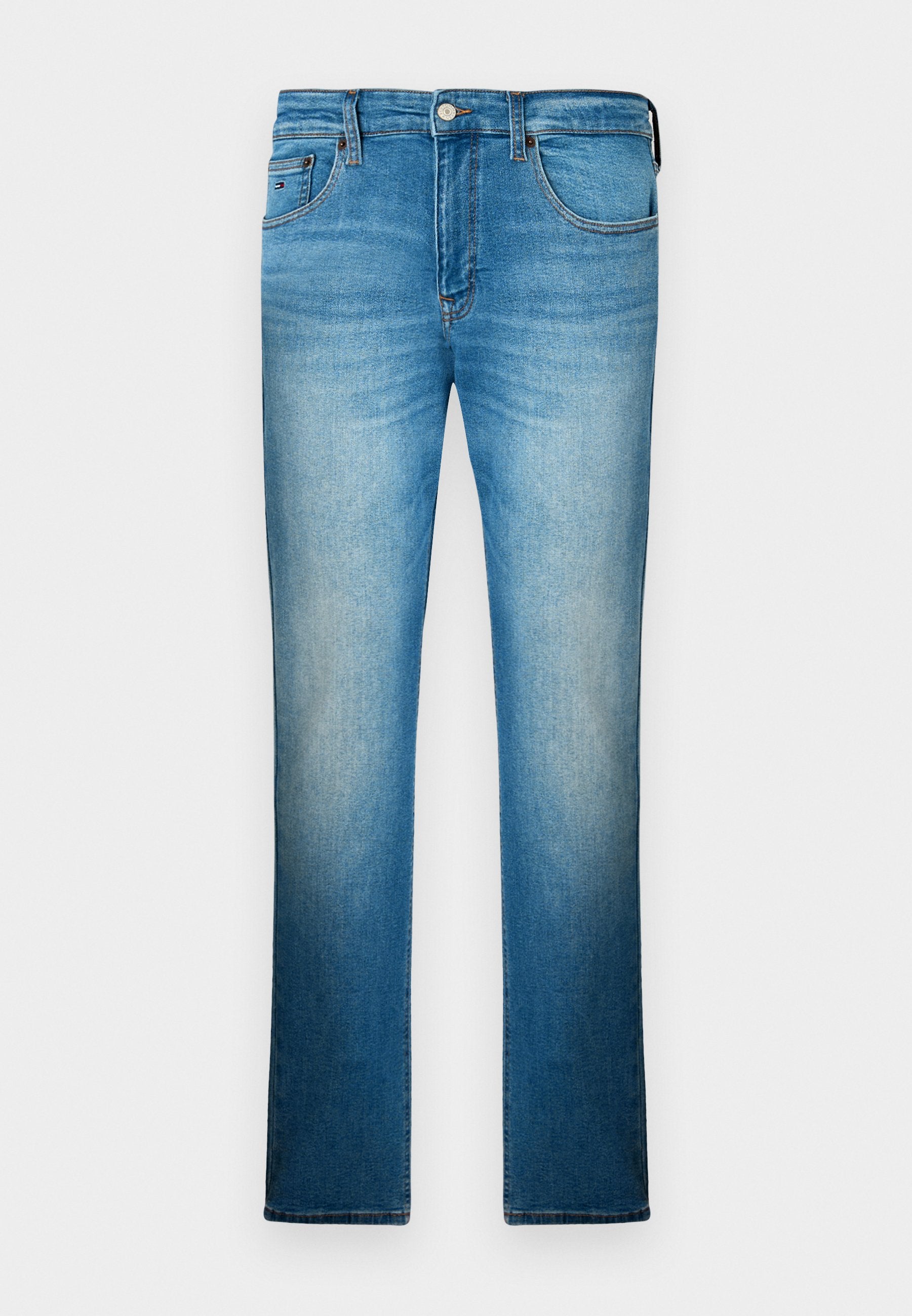 Blaue Denim-Jeans mit leichter Waschung, geradem Beinschnitt, fünf Taschen und sichtbaren Nähten. Enthält ein markiertes Label am hinteren Bund.