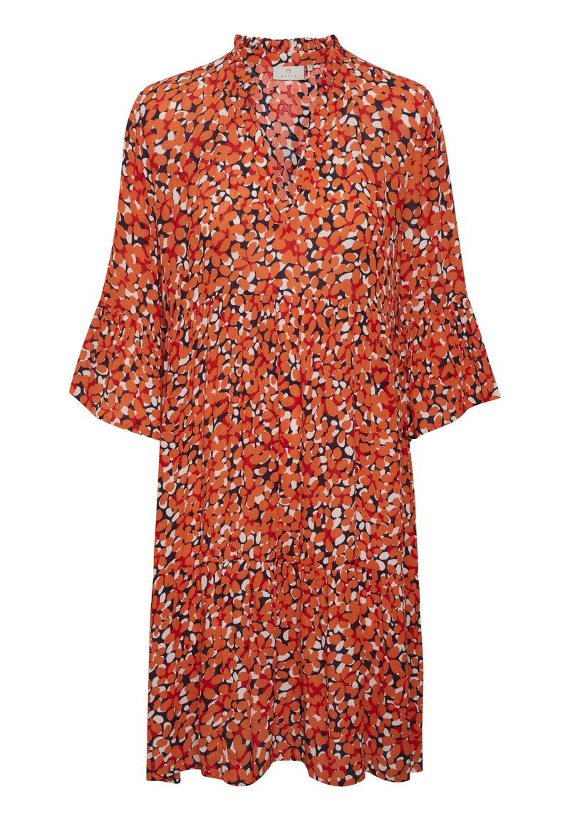 Rotes und orangefarbenes Kleid mit floralem Muster, Rüschenärmeln, V-Ausschnitt und gestuftem Rockdesign. Hergestellt aus leichtem Stoff.