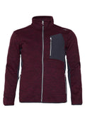 Bordeauxroter Fleecejacke mit hohem Kragen, kontrastierenden grauen Akzenten, vorderen Reißverschlusstaschen und strukturiertem Stoff. Verfügt über einen Reißverschluss als Verschluss.