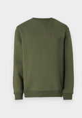 Olivgrüner Rundhalsausschnitt-Pullover mit langen Ärmeln, gerippten Bündchen und Saum sowie kleinem gesticktem Flaggenlogo auf der linken Brust.