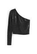 Schwarzes, einseitiges Oberteil mit langem Ärmel, bedeckt mit Pailletten. Verfügt über ein drapiertes Design und eine glatte Textur; figurbetonte Silhouette.