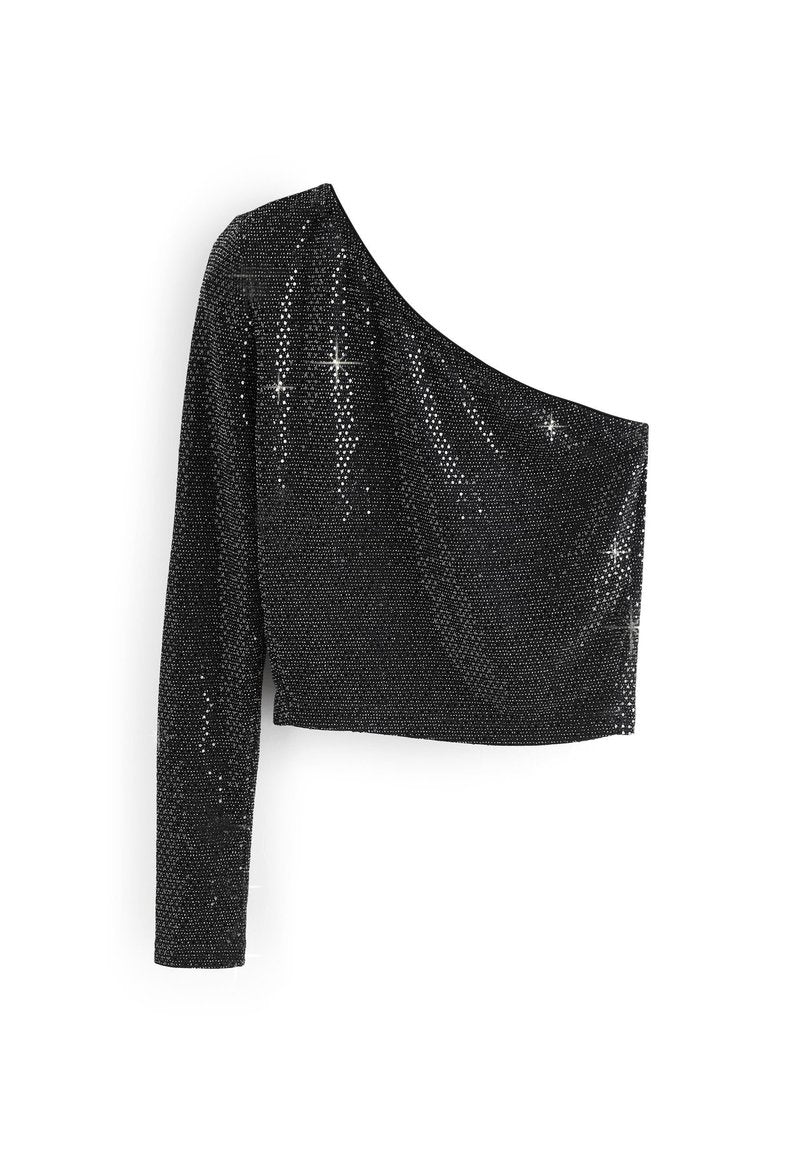 Schwarzes, einseitiges Oberteil mit langem Ärmel, bedeckt mit Pailletten. Verfügt über ein drapiertes Design und eine glatte Textur; figurbetonte Silhouette.