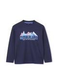 Marineblaues Langarm-T-Shirt aus Baumwolle, mit einem Berg-Graphic und dem Text "TIMBERLAND" auf der Vorderseite. Rundhalsausschnitt.