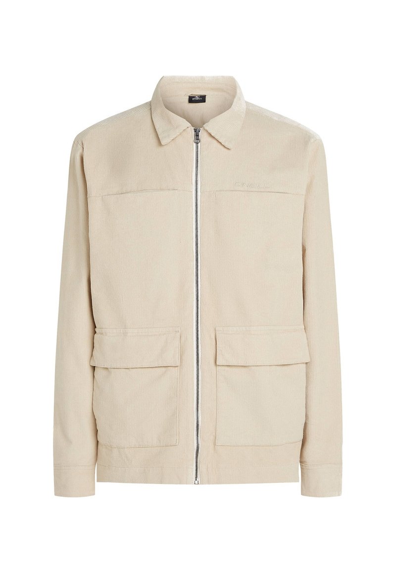 Beige Kordjacke mit durchgehendem Reißverschluss, zwei großen aufgesetzten Taschen und einem Kragen. Strukturiertes Material und ein schlichtes Design.