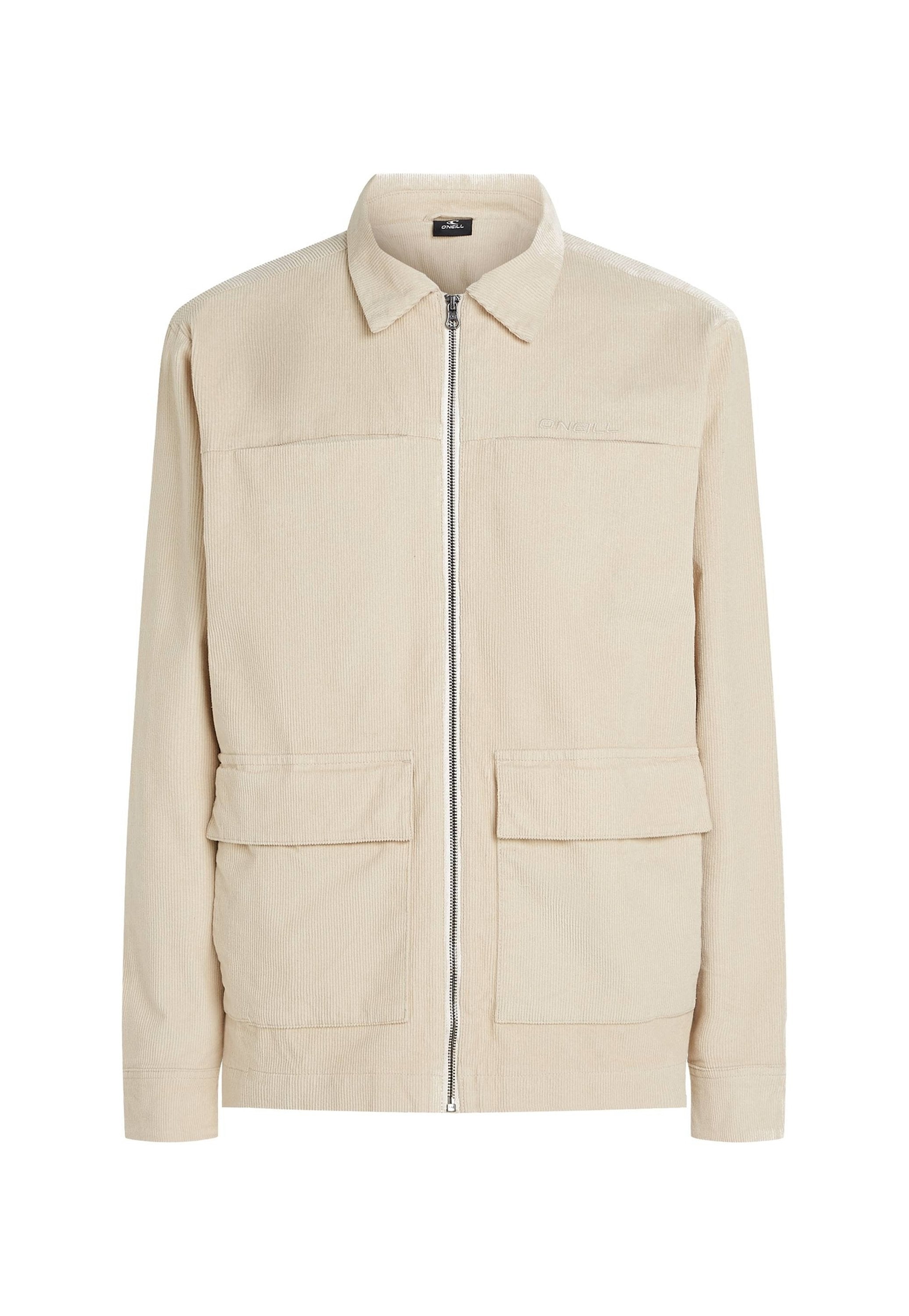 Beige Kordjacke mit durchgehendem Reißverschluss, zwei großen aufgesetzten Taschen und einem Kragen. Strukturiertes Material und ein schlichtes Design.