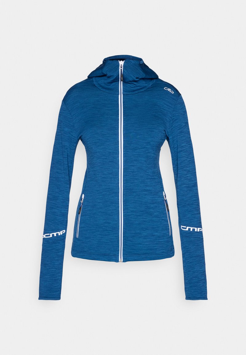 Blaues Kapuzenjacke mit durchgehendem Reißverschluss, weißem Reißverschluss und Reißverschlusstaschen, langen Ärmeln und weißen "CMP"-Logos an Ärmeln und Schulter.
