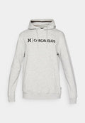 Graue Kapuzenjacke mit einer vorderen Tasche, Kordeln und einem bedruckten Logo mit der Aufschrift "CARCAVELOS". Aus weichem, strukturiertem Material gefertigt.