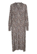 Maxikleid mit Leopardenmuster, langen Ärmeln, V-Ausschnitt und gerafften Manschetten. Weicher, glatter Stoff mit einer fließenden, lockeren Silhouette.