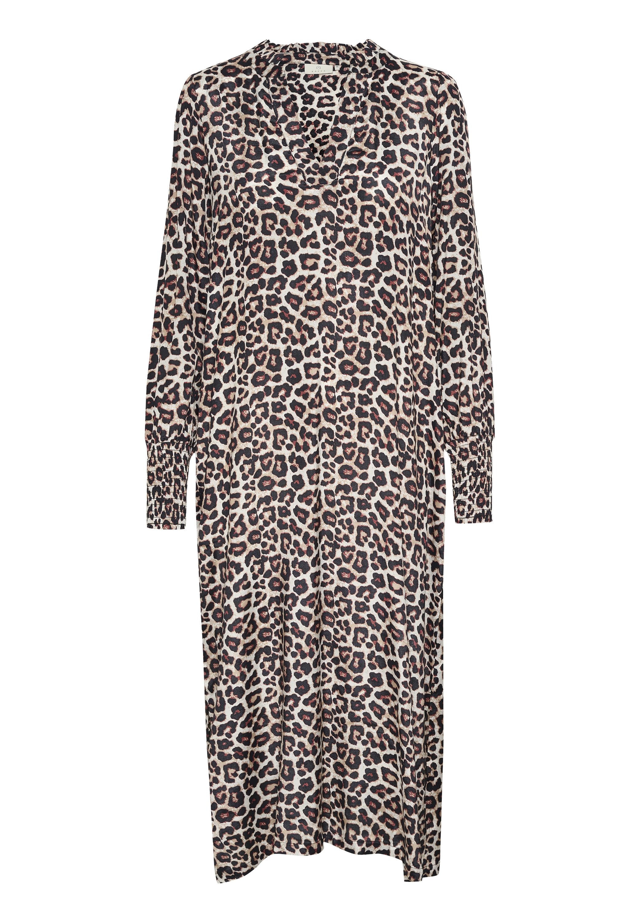 Maxikleid mit Leopardenmuster, langen Ärmeln, V-Ausschnitt und gerafften Manschetten. Weicher, glatter Stoff mit einer fließenden, lockeren Silhouette.