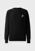 Schwarzer Sweatshirt mit Rundhalsausschnitt, langen Ärmeln und einem kleinen, bunten gestickten Motiv eines Kaninchens auf einem Skateboard. Weicher Stoff.