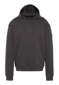 Dunkelgrauer Kapuzenpullover aus weichem Stoff. Mit einer Kängurutasche, Zugbändern und gerippten Bündchen sowie Saum.