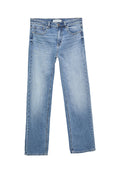 Gerade geschnittene blaue Denim-Jeans mit einer verblassten Waschung, fünf Taschen und einer klassischen Knopfleiste. Aus Baumwollmaterial mit auffälligen Nähten.