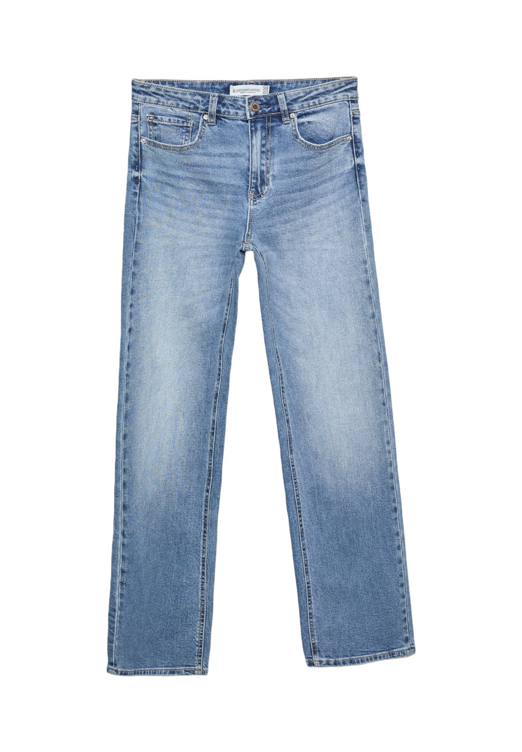 Gerade geschnittene blaue Denim-Jeans mit einer verblassten Waschung, fünf Taschen und einer klassischen Knopfleiste. Aus Baumwollmaterial mit auffälligen Nähten.