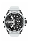 Runde Diesel-Armbanduhr mit schwarzem Multifunktionszifferblatt, weißen Stunden- und Minutenzeigern, weißem Armband und dem Schriftzug „Only The Brave“ oben.