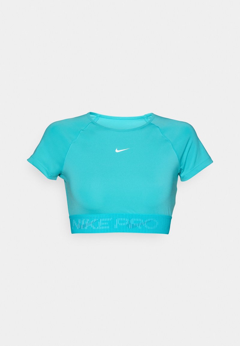 Türkises, kurzes Sportoberteil mit kurzen Ärmeln und einem gerippten Bund, auf dem "NIKE PRO" in einer helleren Farbe steht. Hergestellt aus dehnbarem, atmungsaktivem Material.