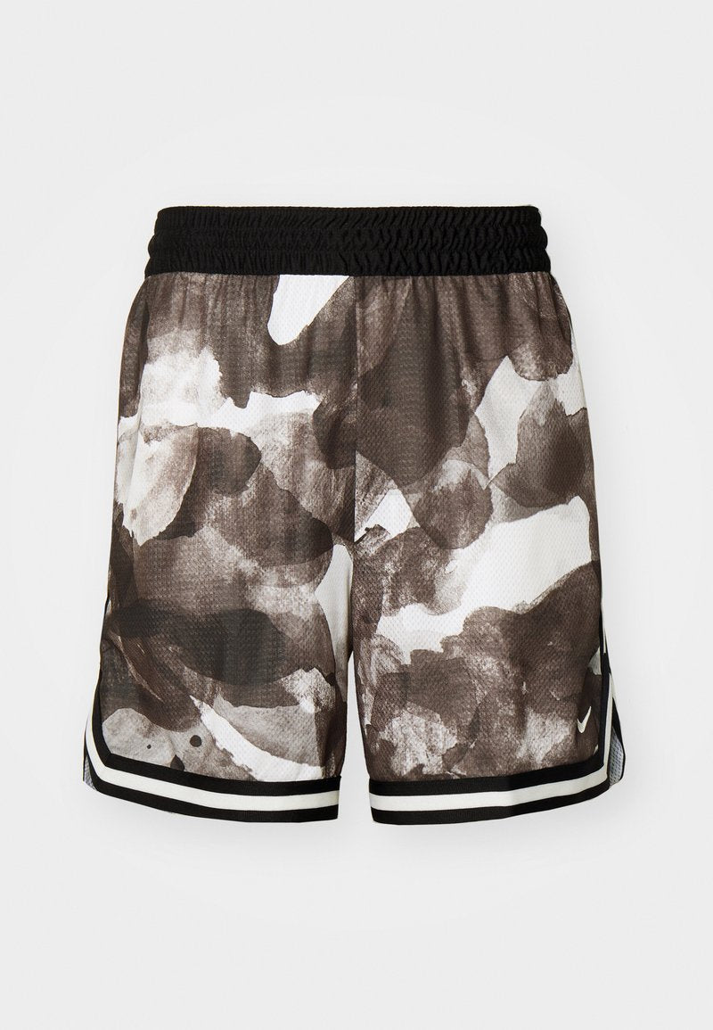 Mesh-Sportshorts mit einem schwarzen und braunen abstrakten Muster, elastischem Bund und schwarz-weiß gestreiftem Saum.
