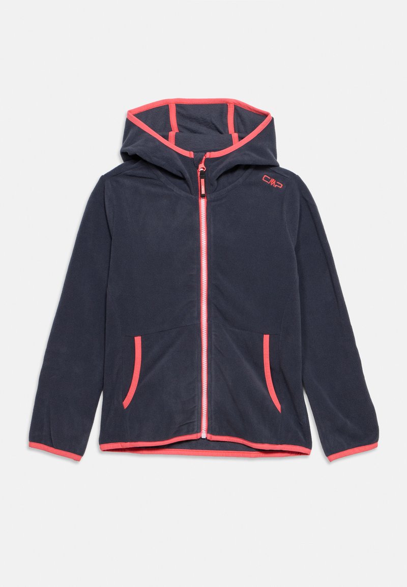 Marineblaue Fleecejacke mit Kapuze, Frontreißverschluss, zwei Taschen und Korallenrosa Besatz entlang der Kanten und des Reißverschlusses.