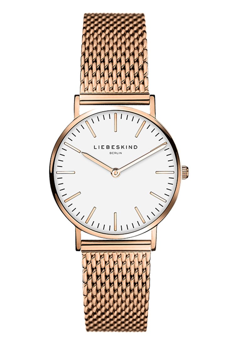 Runde Uhr mit einem weißen Zifferblatt, Gehäuse aus rosegold und einem Mesh-Armband. Sie verfügt über einfache Stundenmarkierungen und ein minimalistisches Design. Marke: Liebeskind Berlin.