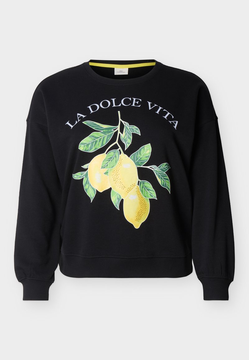 Schwarzer Pullover mit Rundhalsausschnitt und dem Schriftzug "LA DOLCE VITA" sowie einem Motiv mit drei gelben Zitronen und grünen Blättern auf der Vorderseite.