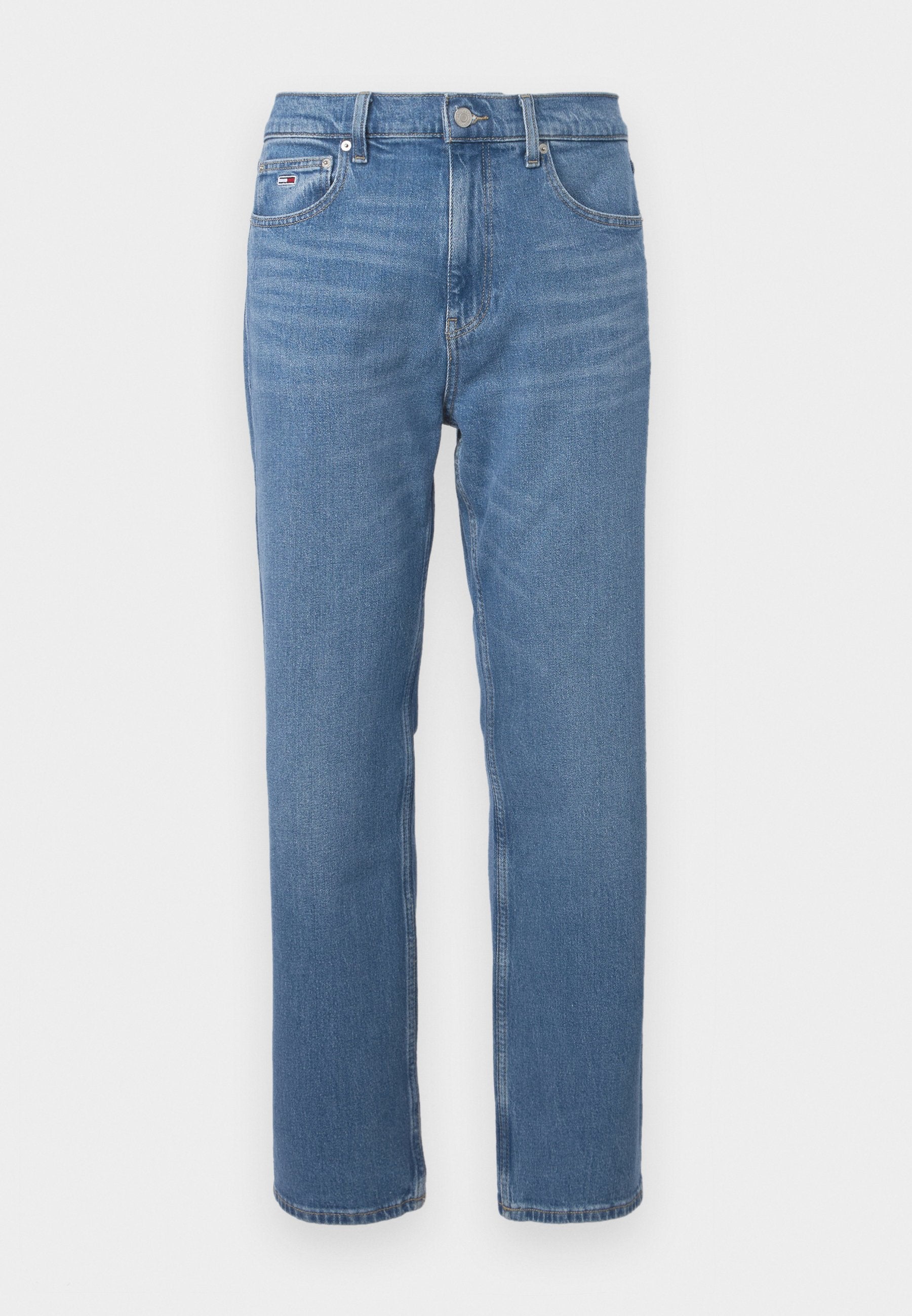 Hellblaue Jeans aus Denim mit geradem Schnitt, ausgestattet mit einem normalen Taillenbund, Fronttaschen und dezentem Verblassen entlang der Beine.