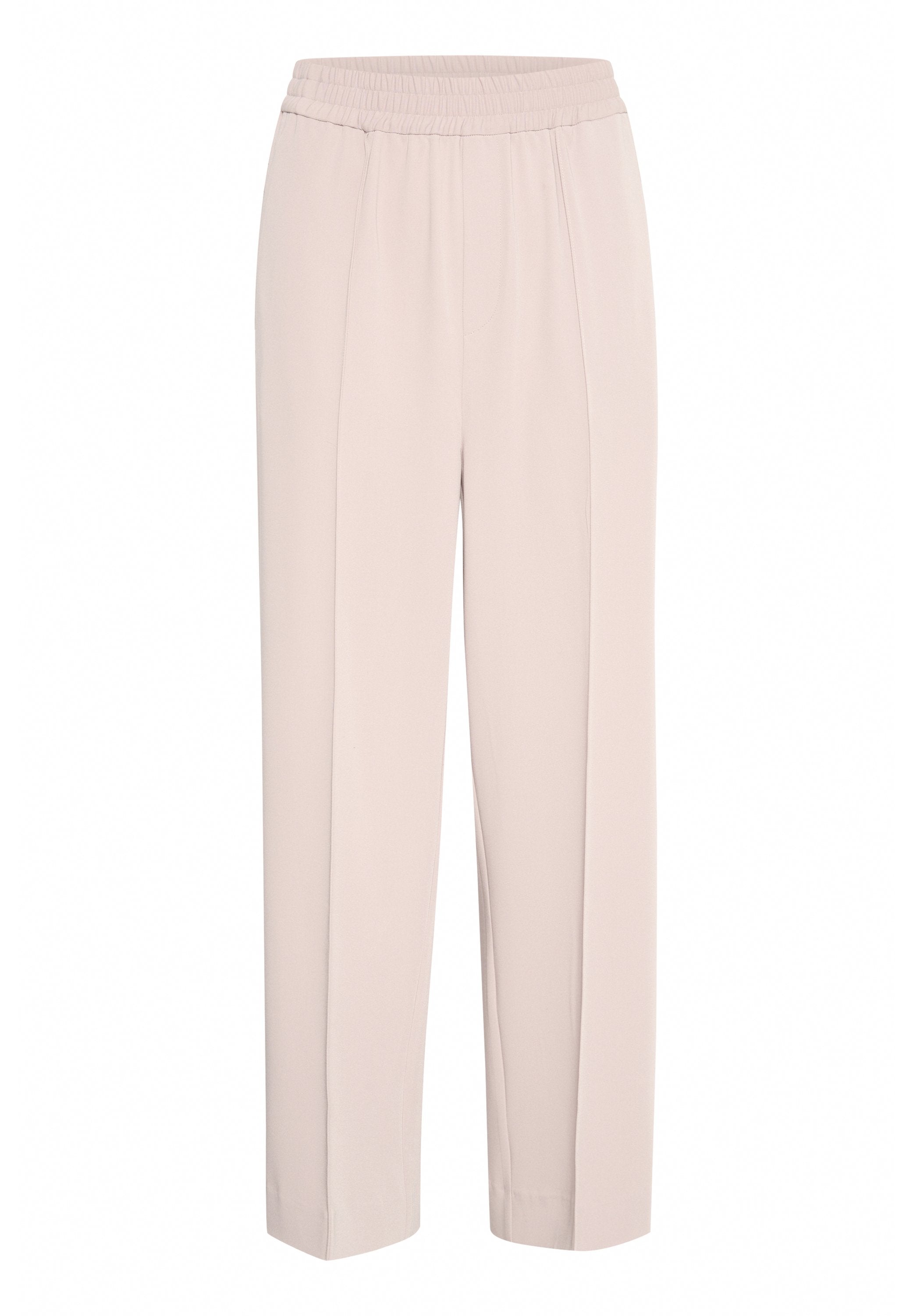 Helle rosa gerade geschnittene Hose mit elastischem Bund und dezenten Bügelfalten, designed für einen komfortablen Sitz.