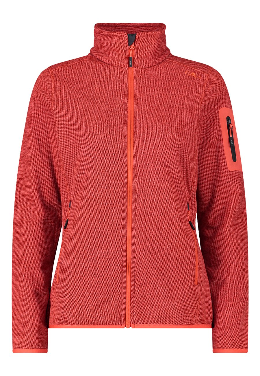 Rote Fleecejacke mit hohem Kragen, durchgehendem Reißverschluss, strukturiertem Stoff und einer Reißverschlusstasche am linken Ärmel. Kontrastierende orangefarbene Akzente.