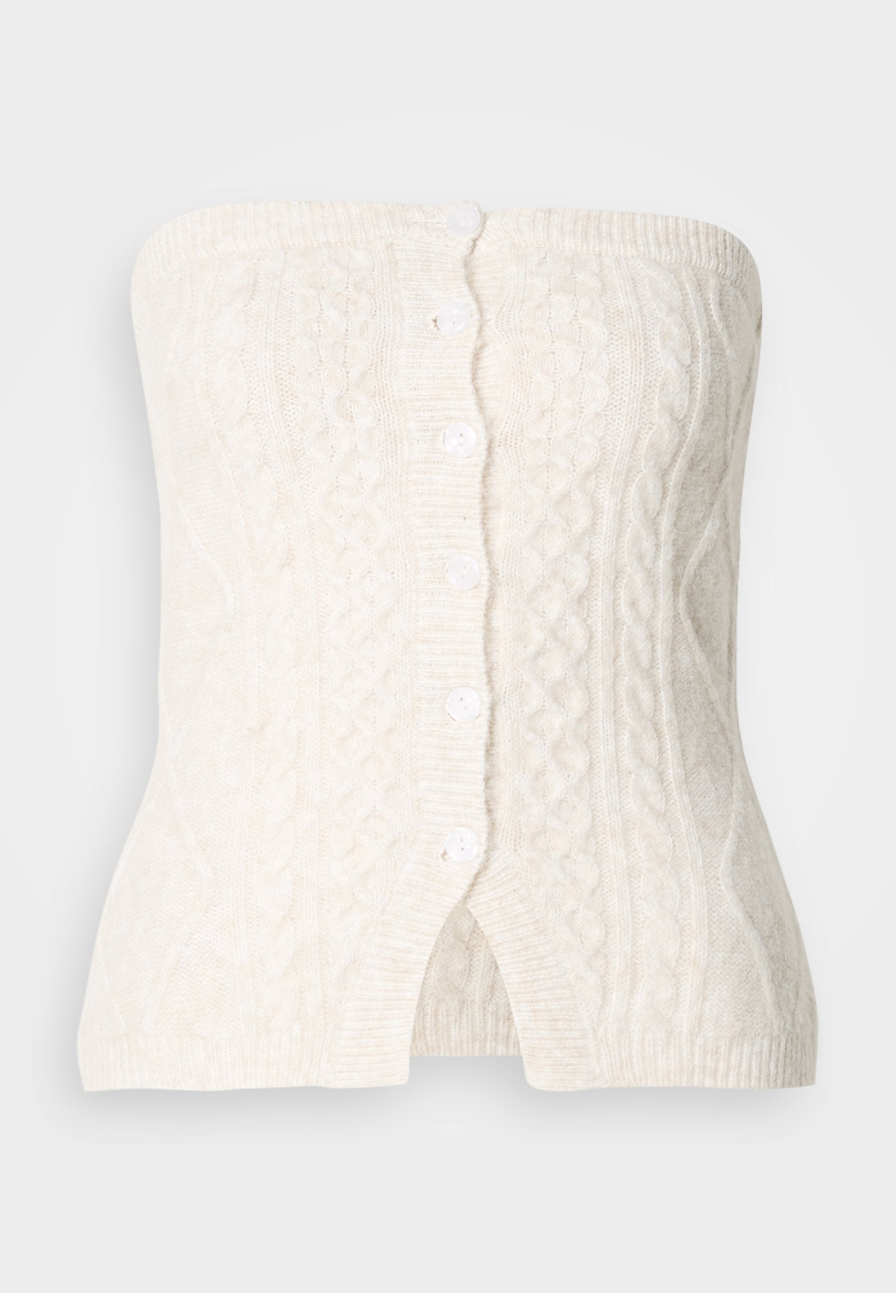 Cremfarbener gestrickter trägerloser Oberteil mit einem Zopfmuster, fünf Knöpfen auf der Vorderseite und einem taillierten Design mit leicht ausstellendem Saum.