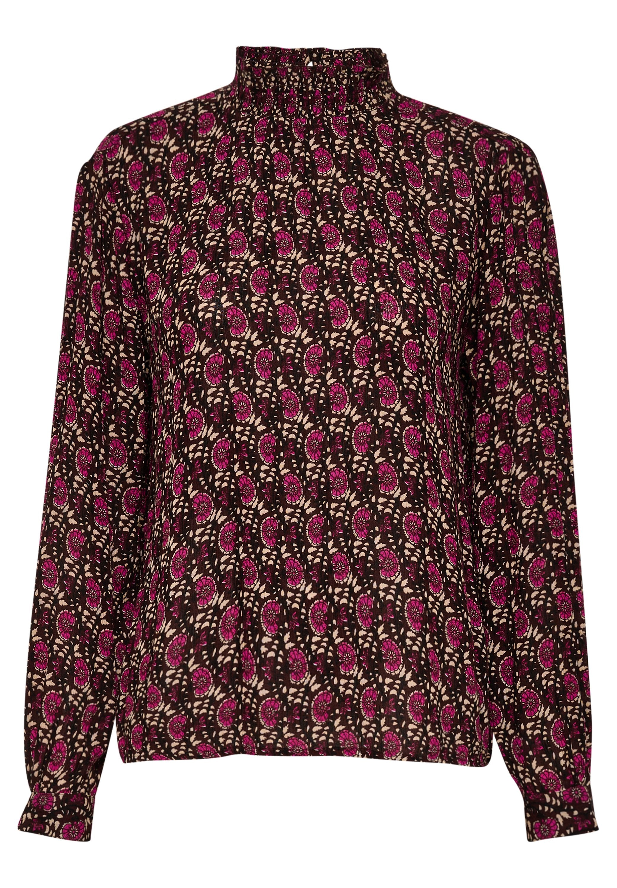Langärmlige Bluse aus braunem Stoff mit floralem Muster in Pink- und Cremetönen. Geschopptes hochgeschlossenes Design und elastische Bündchen.