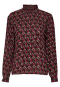 Langärmlige Bluse aus braunem Stoff mit floralem Muster in Pink- und Cremetönen. Geschopptes hochgeschlossenes Design und elastische Bündchen.