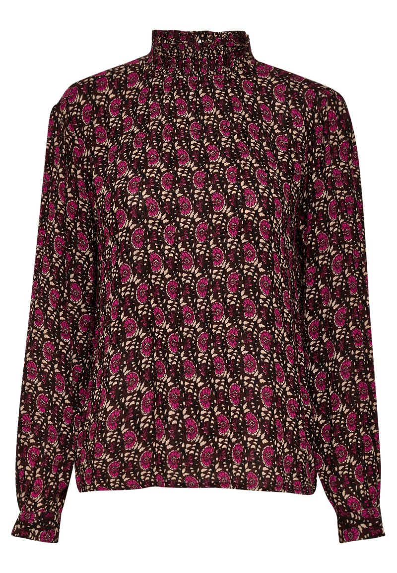 Langärmlige Bluse aus braunem Stoff mit floralem Muster in Pink- und Cremetönen. Geschopptes hochgeschlossenes Design und elastische Bündchen.