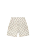 Leicht beige karierte Shorts in entspannter Passform mit einem elastischen Bund, Kordelzug und Seitentaschen. Hergestellt aus atmungsaktivem Stoff.