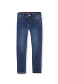 Schmale Jeans aus dunkelblauem Denim mit subtilen Verwaschungen, mit Knopfverschluss, Fronttaschen und orangefarbenen Nähakzenten.