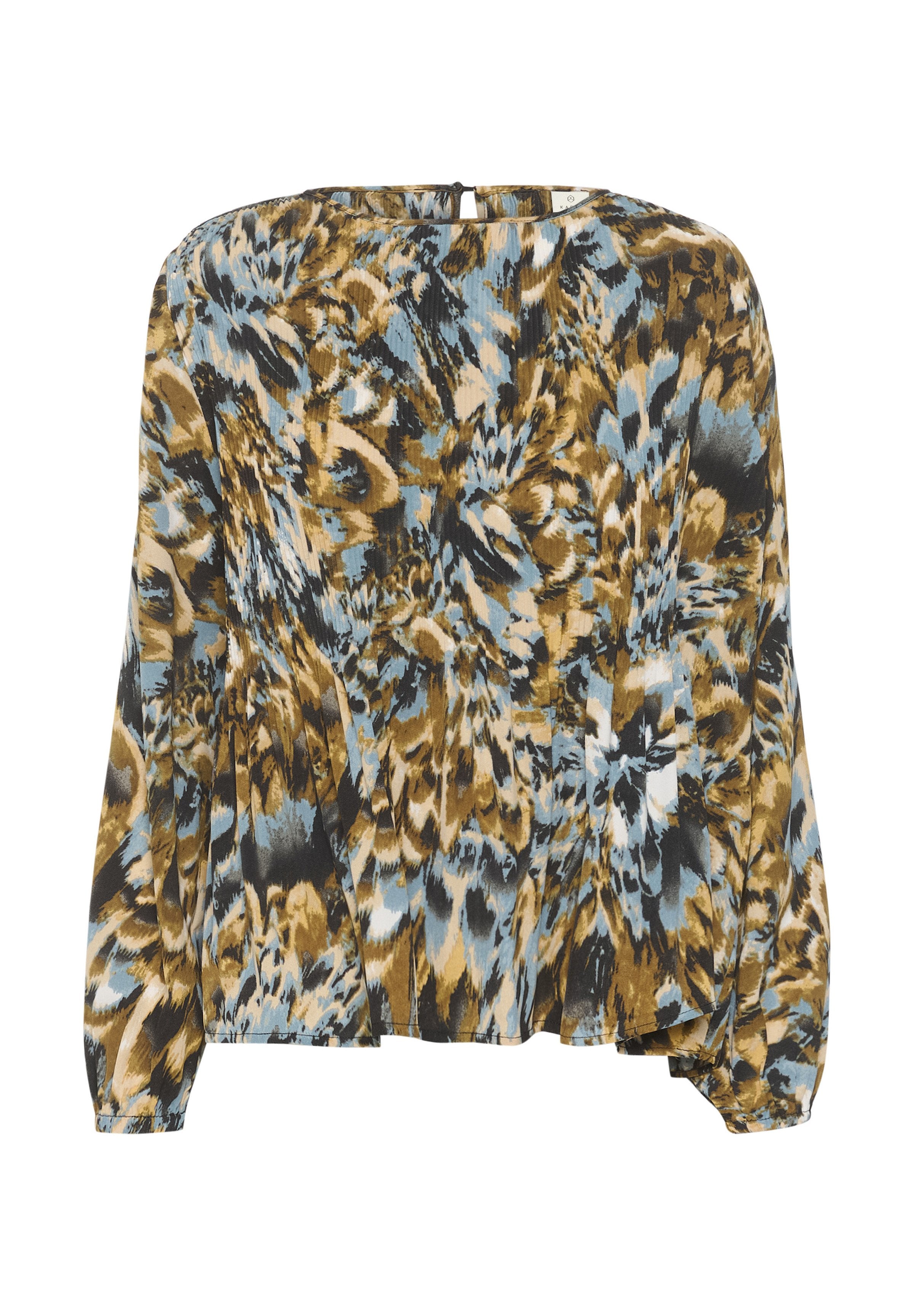 Langärmlige Bluse mit einem lebhaften blauen, braunen und schwarzen abstrakten Muster. Verfügt über einen weiten Ausschnitt und einen offenen Rücken mit einem Knopfverschluss.