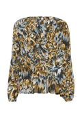 Langärmlige Bluse mit einem lebhaften blauen, braunen und schwarzen abstrakten Muster. Verfügt über einen weiten Ausschnitt und einen offenen Rücken mit einem Knopfverschluss.