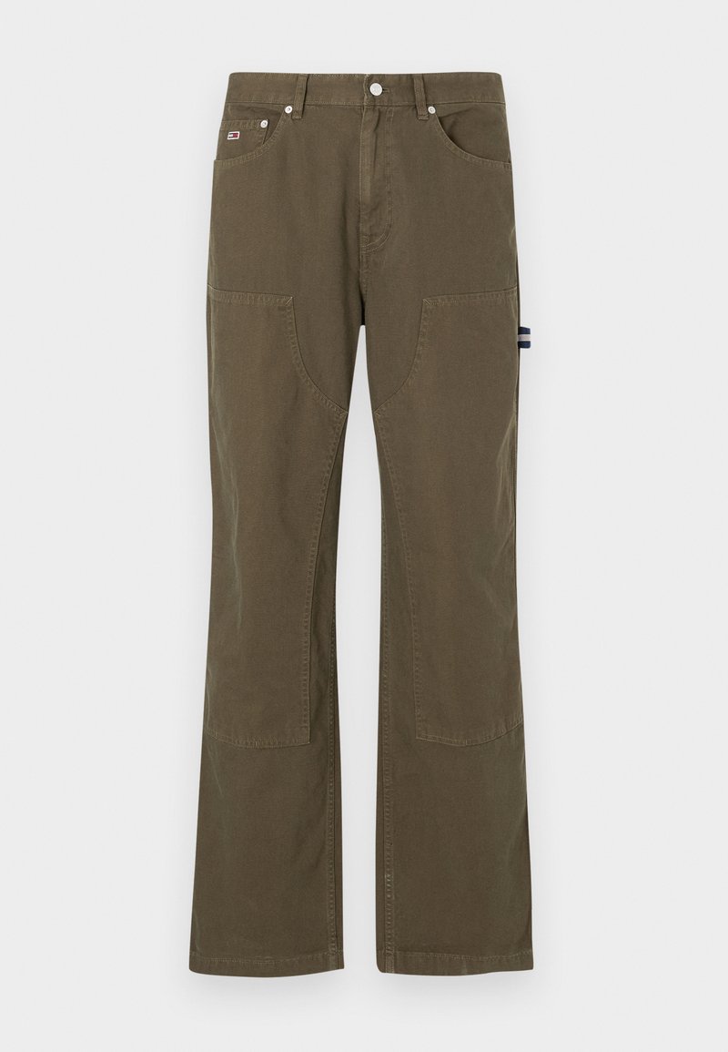 Olivgrüne Cargo-Hosen aus Baumwolle mit lockerer Passform, großen Taschen, flachem Bund und geradem Schnitt von Knie bis Saum.