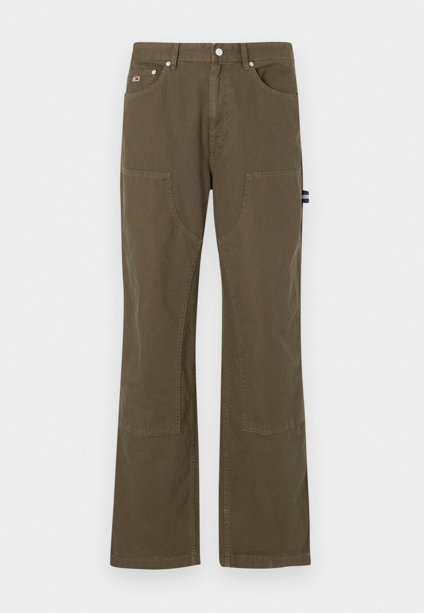 Olivgrüne Cargo-Hosen aus Baumwolle mit lockerer Passform, großen Taschen, flachem Bund und geradem Schnitt von Knie bis Saum.