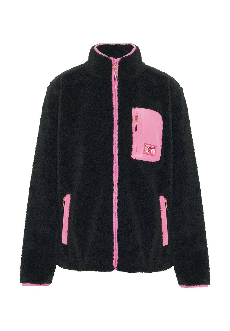 Schwarze Fleecejacke mit pinkfarbenen Reißverschluss-Akzenten und einer Fronttasche. Verfügt über einen hohen Kragen und strukturierten Stoff für Wärme. Die Reißverschlüsse sind goldfarben.