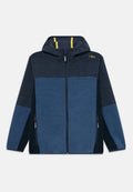 Fleecejacke mit Reißverschluss und Kapuze. Farbblöcke in Dunkelblau und Hellblau. Strukturiertes Gewebe mit gelben Akzenten an der Kapuze.