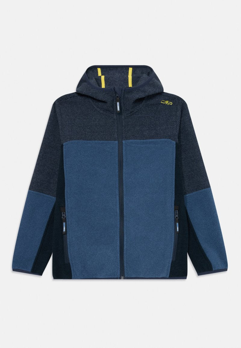 Fleecejacke mit Reißverschluss und Kapuze. Farbblöcke in Dunkelblau und Hellblau. Strukturiertes Gewebe mit gelben Akzenten an der Kapuze.