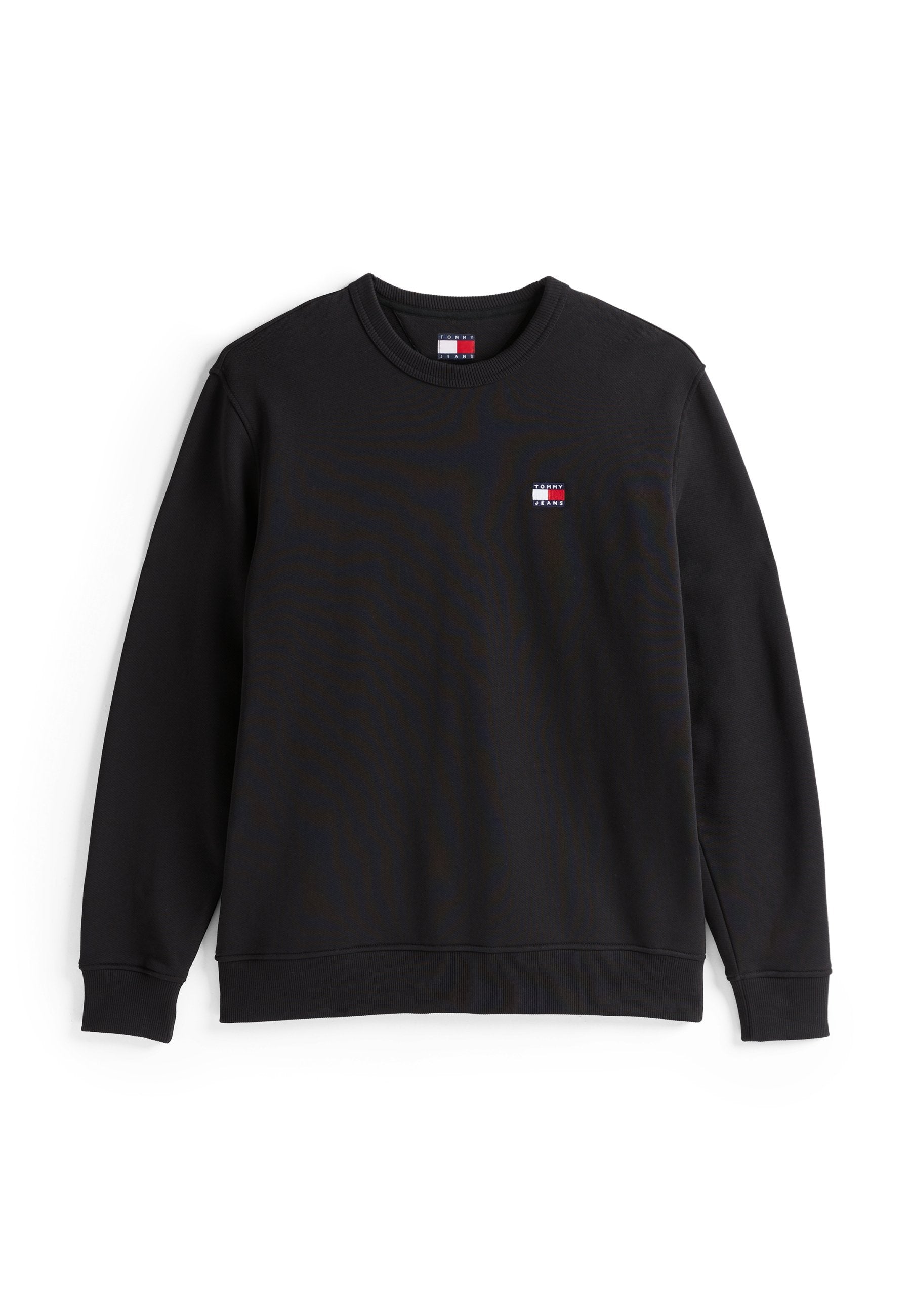 Schwarzer Sweatshirt mit geripptem Rundhalsausschnitt. Verfügt über ein kleines Logo-Patch in Rot, Weiß und Blau auf der linken Brust. Aus weichem Baumwollmischgewebe.