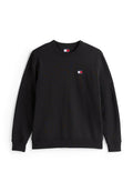 Schwarzer Sweatshirt mit geripptem Rundhalsausschnitt. Verfügt über ein kleines Logo-Patch in Rot, Weiß und Blau auf der linken Brust. Aus weichem Baumwollmischgewebe.