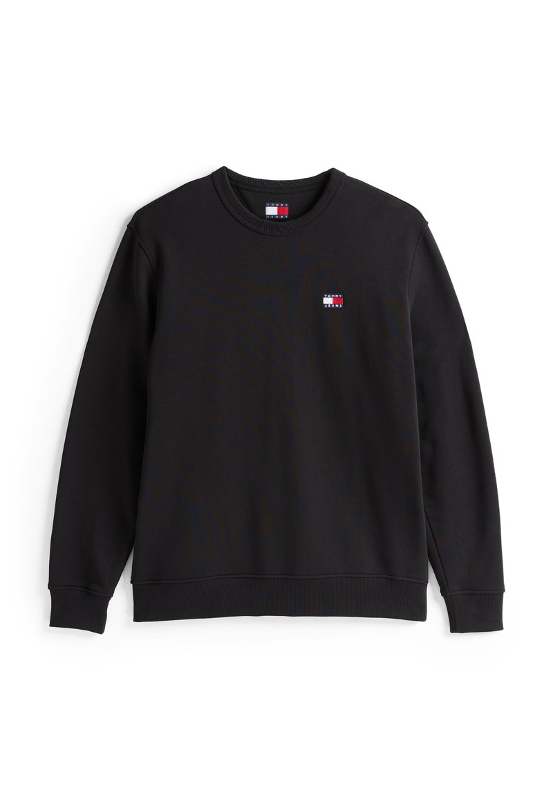 Schwarzer Sweatshirt mit geripptem Rundhalsausschnitt. Verfügt über ein kleines Logo-Patch in Rot, Weiß und Blau auf der linken Brust. Aus weichem Baumwollmischgewebe.