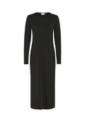 Schwarzes, langärmliges Kleid aus weichem Stoff, mit geradem Schnitt, knielangem Design und dezenten Punktdetails auf der gesamten Fläche.