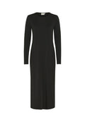 Schwarzes, langärmliges Kleid aus weichem Stoff, mit geradem Schnitt, knielangem Design und dezenten Punktdetails auf der gesamten Fläche.