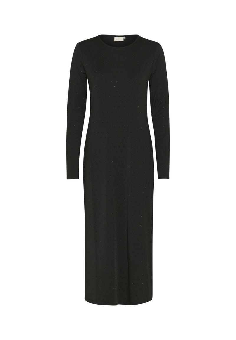 Schwarzes, langärmliges Kleid aus weichem Stoff, mit geradem Schnitt, knielangem Design und dezenten Punktdetails auf der gesamten Fläche.