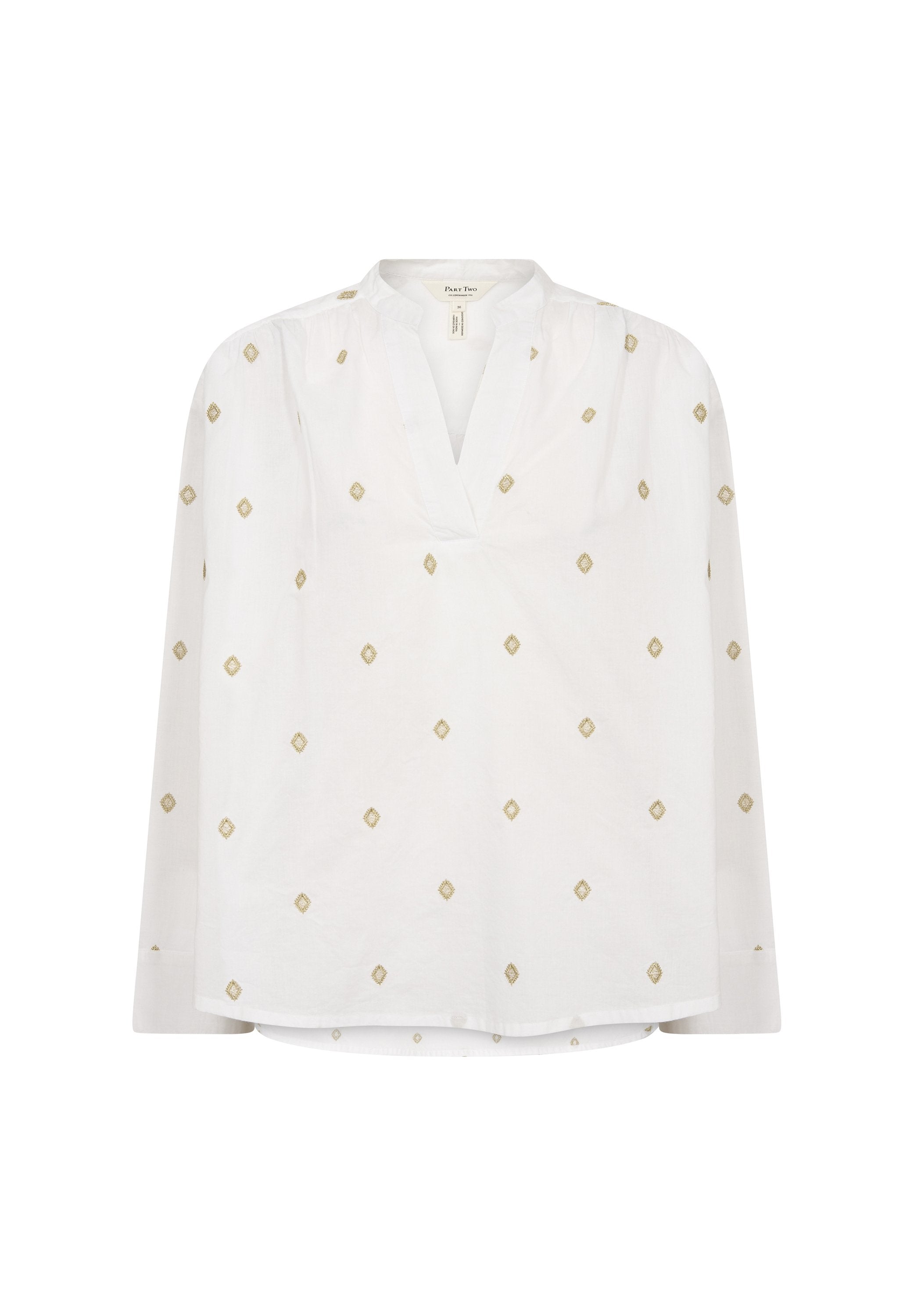 Weiße Bluse mit V-Ausschnitt, langen Ärmeln und dezentem goldenen Diamantstickerei, die gleichmäßig über den Stoff verteilt ist. Weiche Textur.