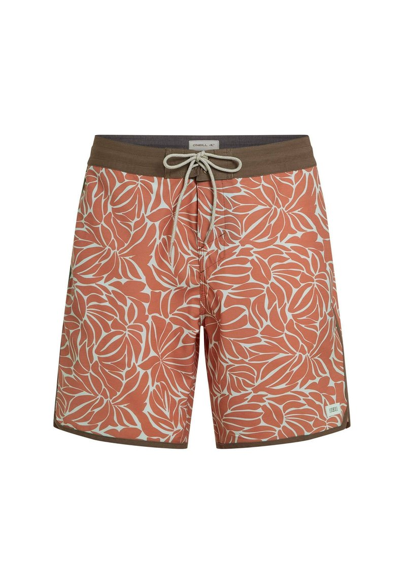 Badehose mit einem Korallen- und Weißblattmuster, mit einem braunen Bund und Kordelzug, aus leichtem Stoff gefertigt.