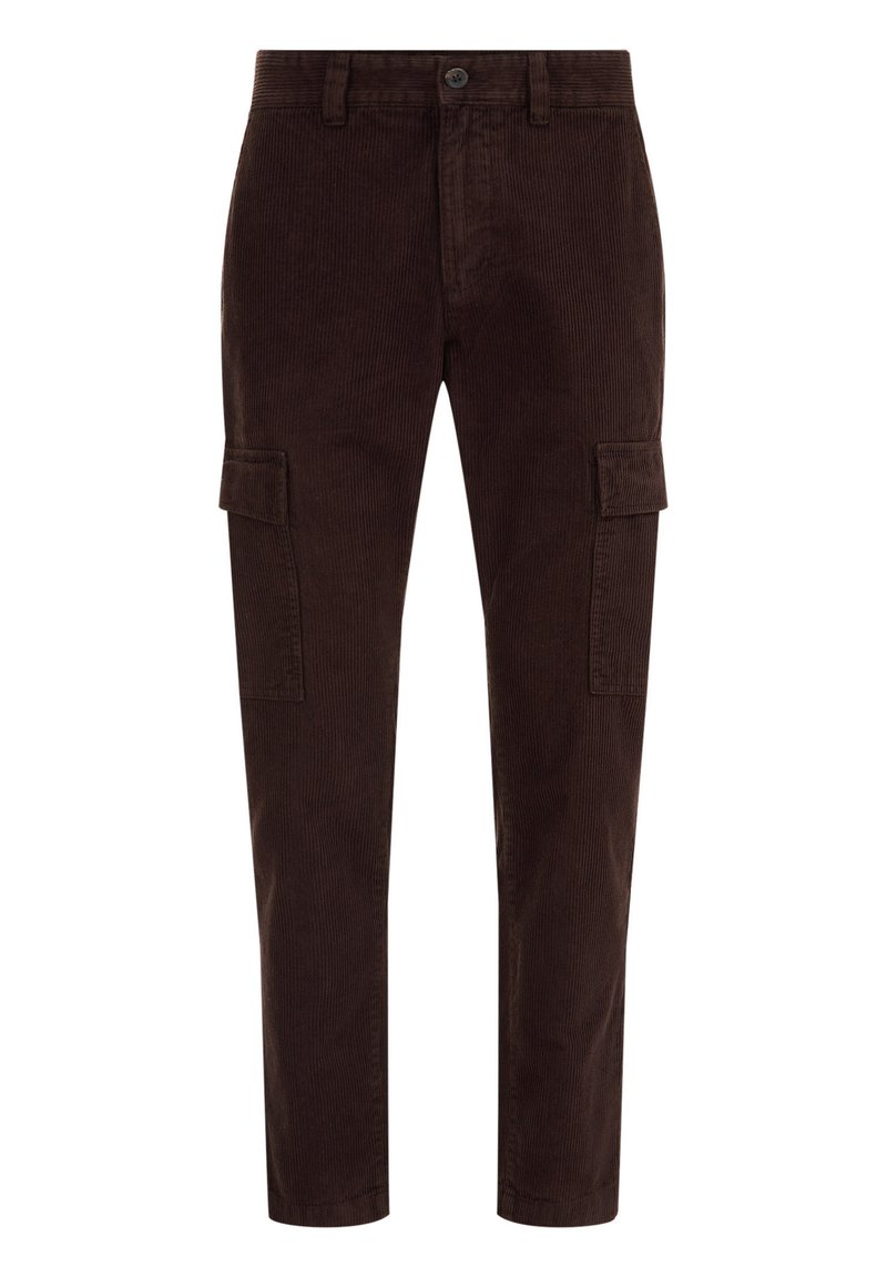 Dunkelbraune Corduroy-Cargohosen mit vorderem Knopf, Reißverschluss, Gürtelschlaufen und Klapptaschen an beiden Oberschenkeln.